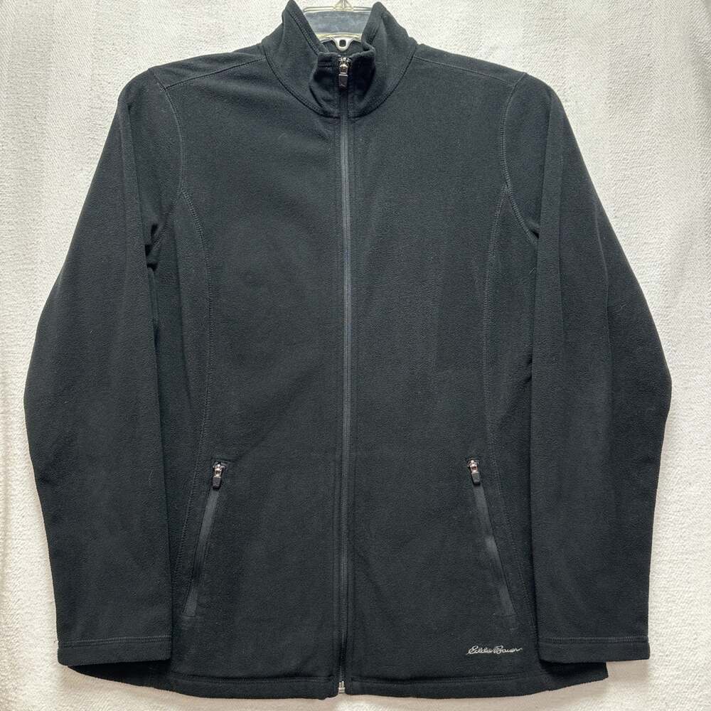 Eddie Bauer Womens Microfleece Zip Up Jacket Long Sleeve Sz Lg Black 2 Pockets